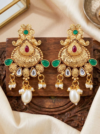 Lucky Jewellery Gold-Plated Ruby & Green Color Long Necklace Set (660-G2SR-203-RG)