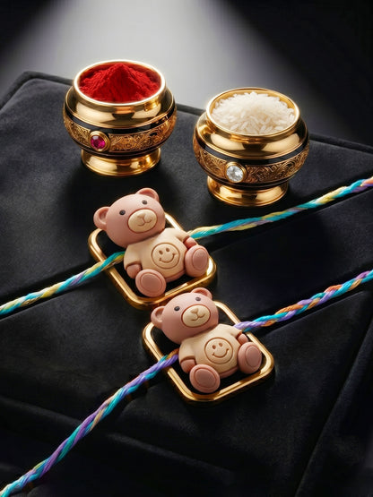 Set of 2 Cute Teddy Bear Kids Rakhi with Colorful Thread, Roli Chawal & Card (80-CHR1-1949-2-2026)