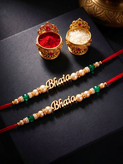 Lucky Jewellery Set of 2 Gold Bhaia Rakhi with Green Beads, Roli, Chawal & Card (62-CHR1-1965-2-2026)