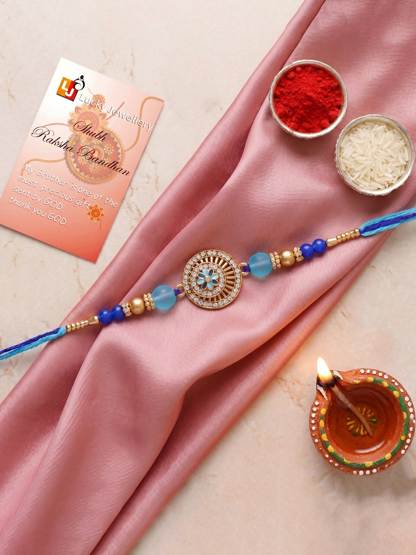 Designer Evil Eye Rakhi for Brothers with Roli Chawal & Card | Gold-Tone Crystal Studded Floral Set (109-S7R1-EA4107)