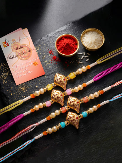 Lucky Jewellery Set of 4 Om Krishnaya Namah Shankh Rakhi for Brother with Roli, Chawal & Greeting Card (202-S7R1-2323-4)