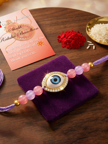 Evil Eye Rakhi for Brother. Protective Charm with Pastel Beads, Roli, Chawal & Card (265-CHR1-1191-P-1-2026)