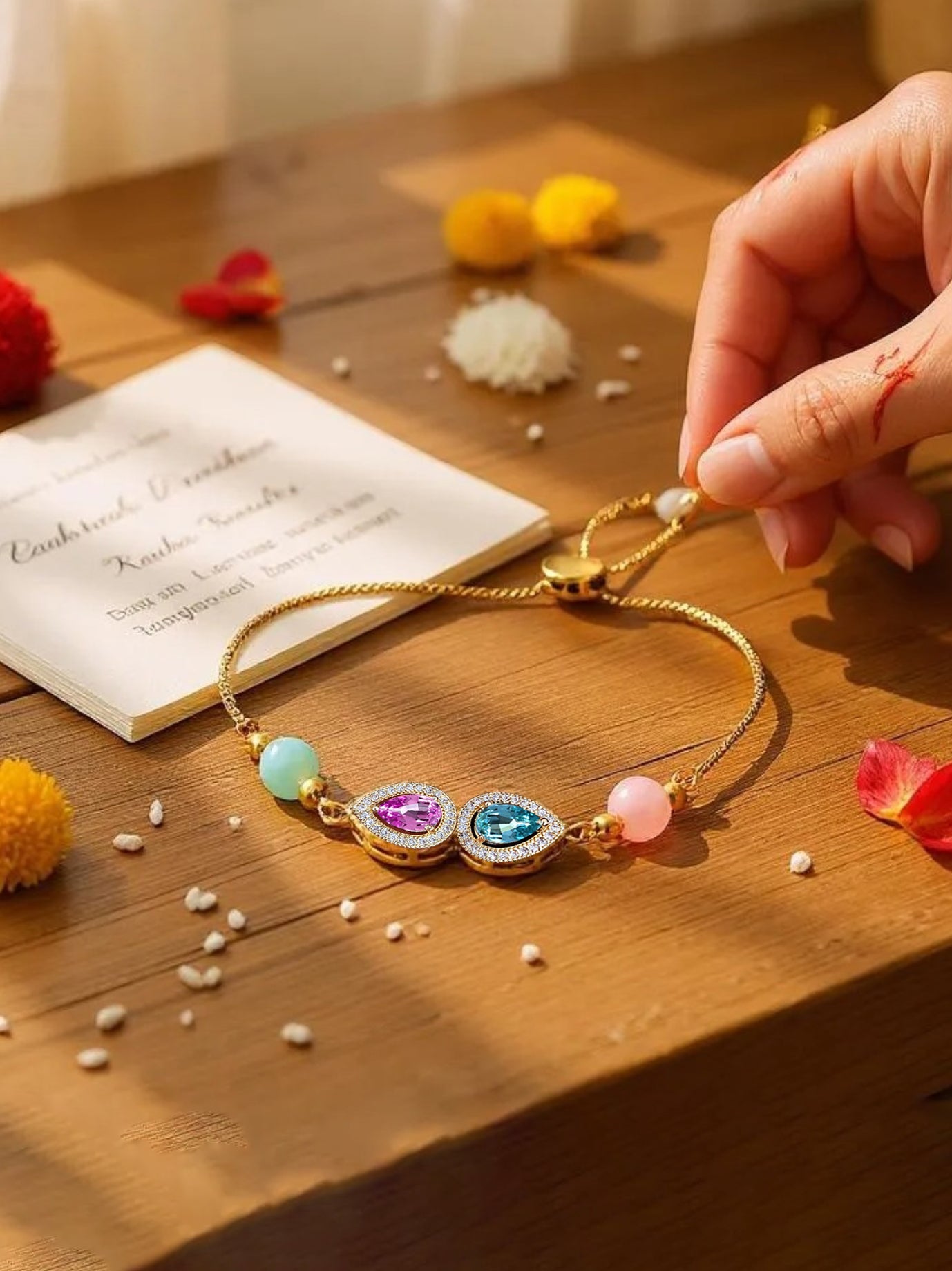 Lucky Jewellery Designer Multi Color Stone Rakhi - Rakshabandhan Rakhee Bracelet Lumba for Bhabhi/Girls & Women with Pull Chain Pack of 1 (209-CHB2-1279-PKF)