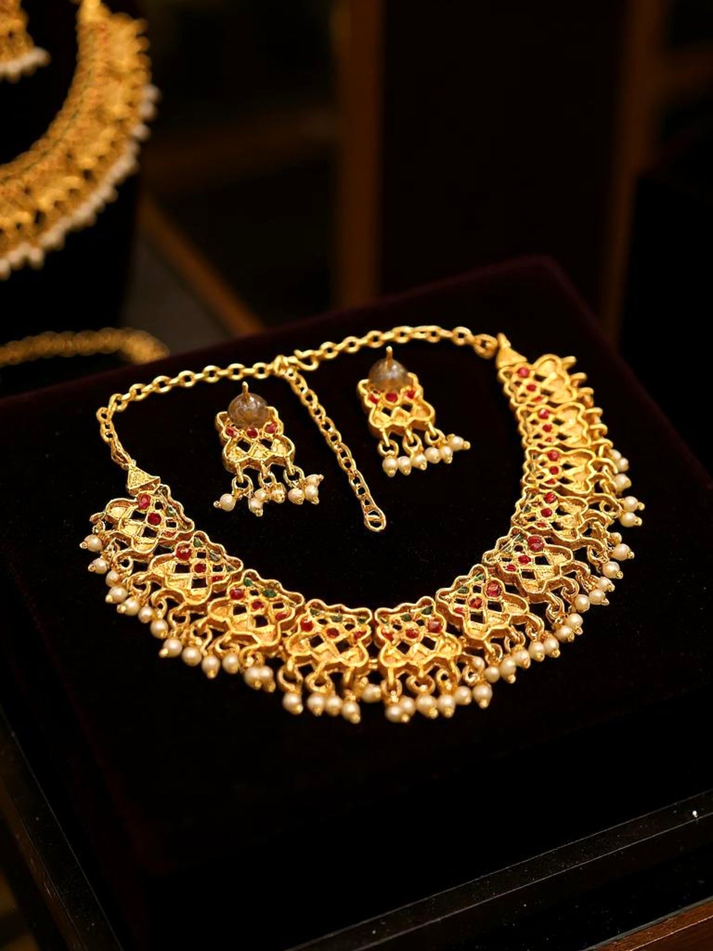 Gold Plated Beaded Choker Necklace Set with Earrings for Women and Girls
