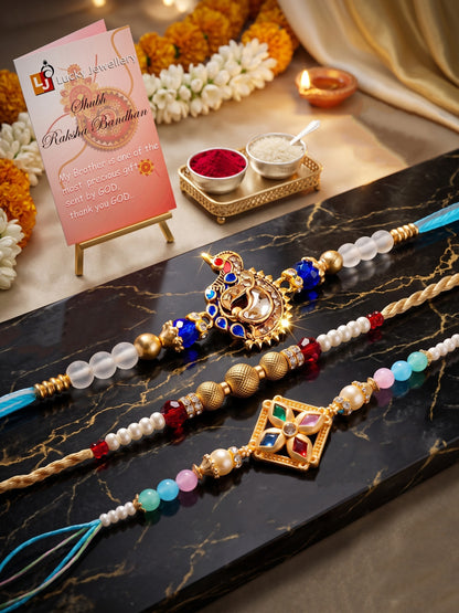 Lucky Jewellery Set of 3 Rakhi with Peacock & Square AD Pendants, Smooth White Beads, Roli Chawal & Card (142-S7R1-2318-3)