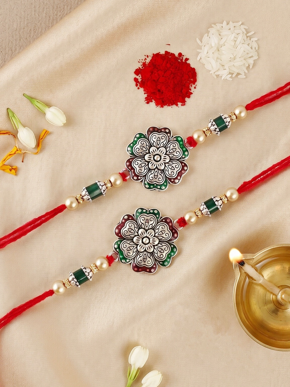 Set of 2 Silver Floral Rakhi for Brother with Metallic, Green & Maroon Enamel, Roli & Chawal & Card (108-CHR1-1966-MG-S-2-2026)