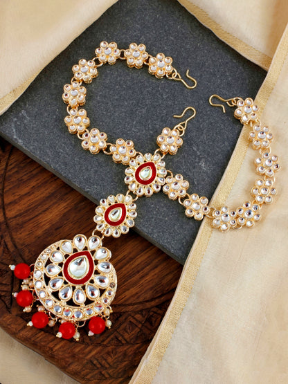 Bridal Kundan Bright Red Heavy Choker Jewellery Set with Hathphool & Nath (2640-IZK-551-RED)