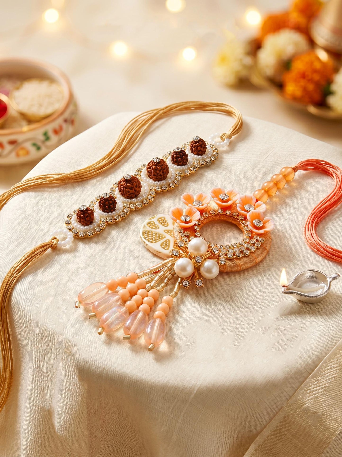 Designer Bhaiya Bhabhi Rakhi Set | Peach Floral Dangling Lumba & Traditional Brown Beaded Rakhi (192-S7R1-PJ6605-PH)