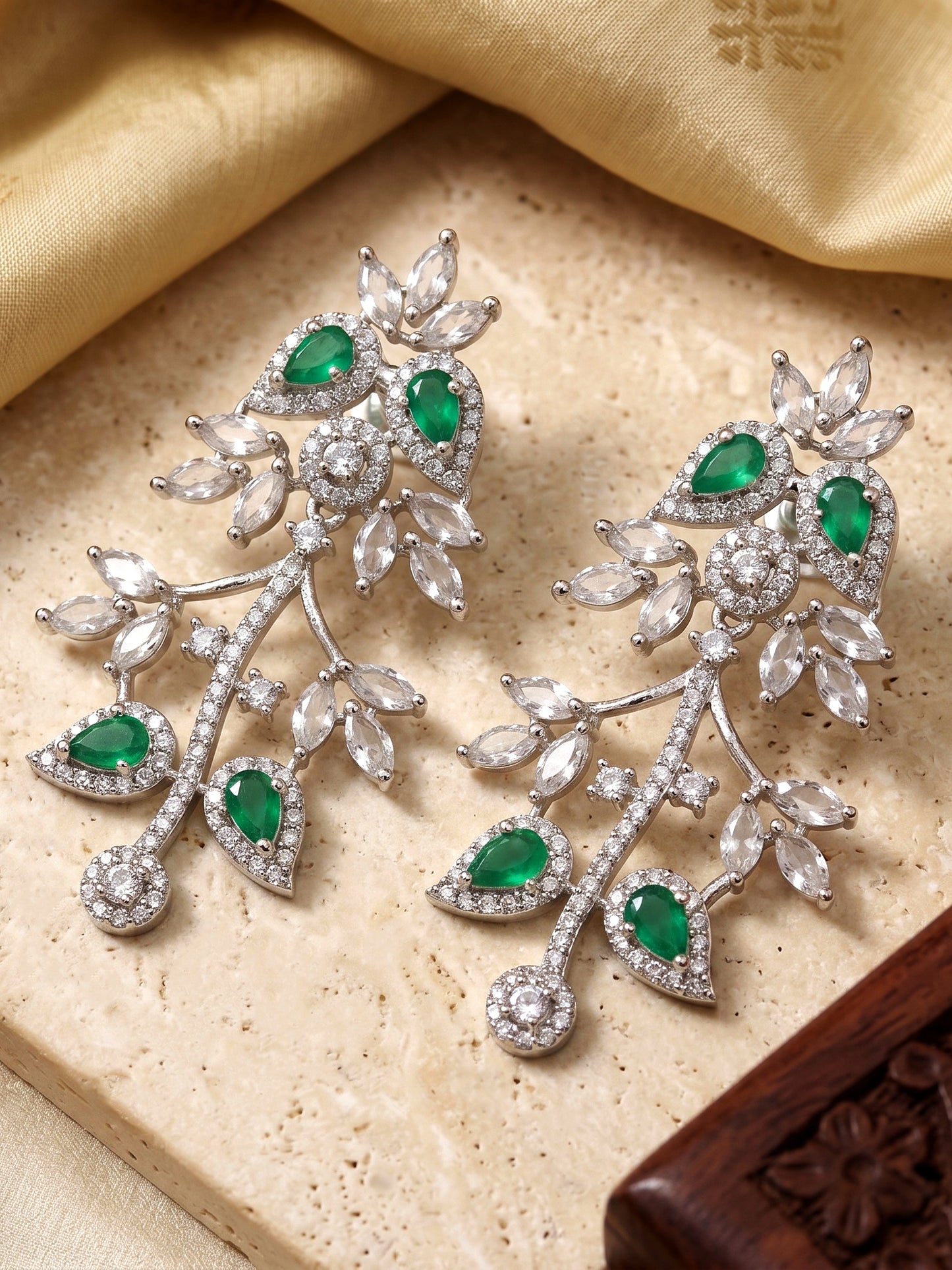 Lucky Jewellery Silver-Tone Green Stone & American Diamond Necklace Set with Earrings for Women – Office, Party & Function Wear (1948-K4SA-2241-G-S)
