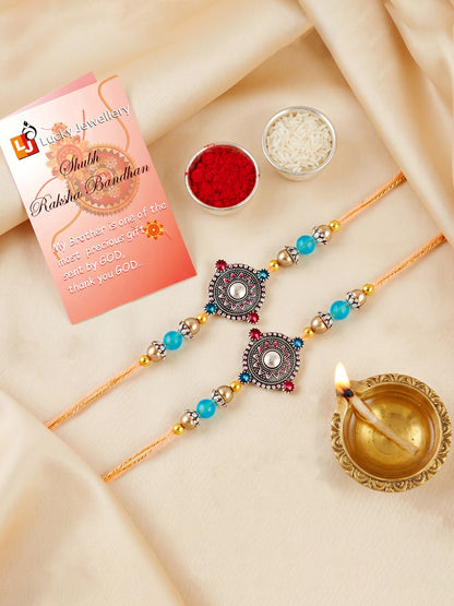 Set of 2 Oxidised Mandala Rakhi for Brother with Silver & Blue Beads, Roli Chawal & Card (96-CHR1-1962-2-2026)