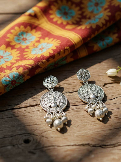 Oxidised Silver Peacock Design Long Necklace Set for Women & Girls