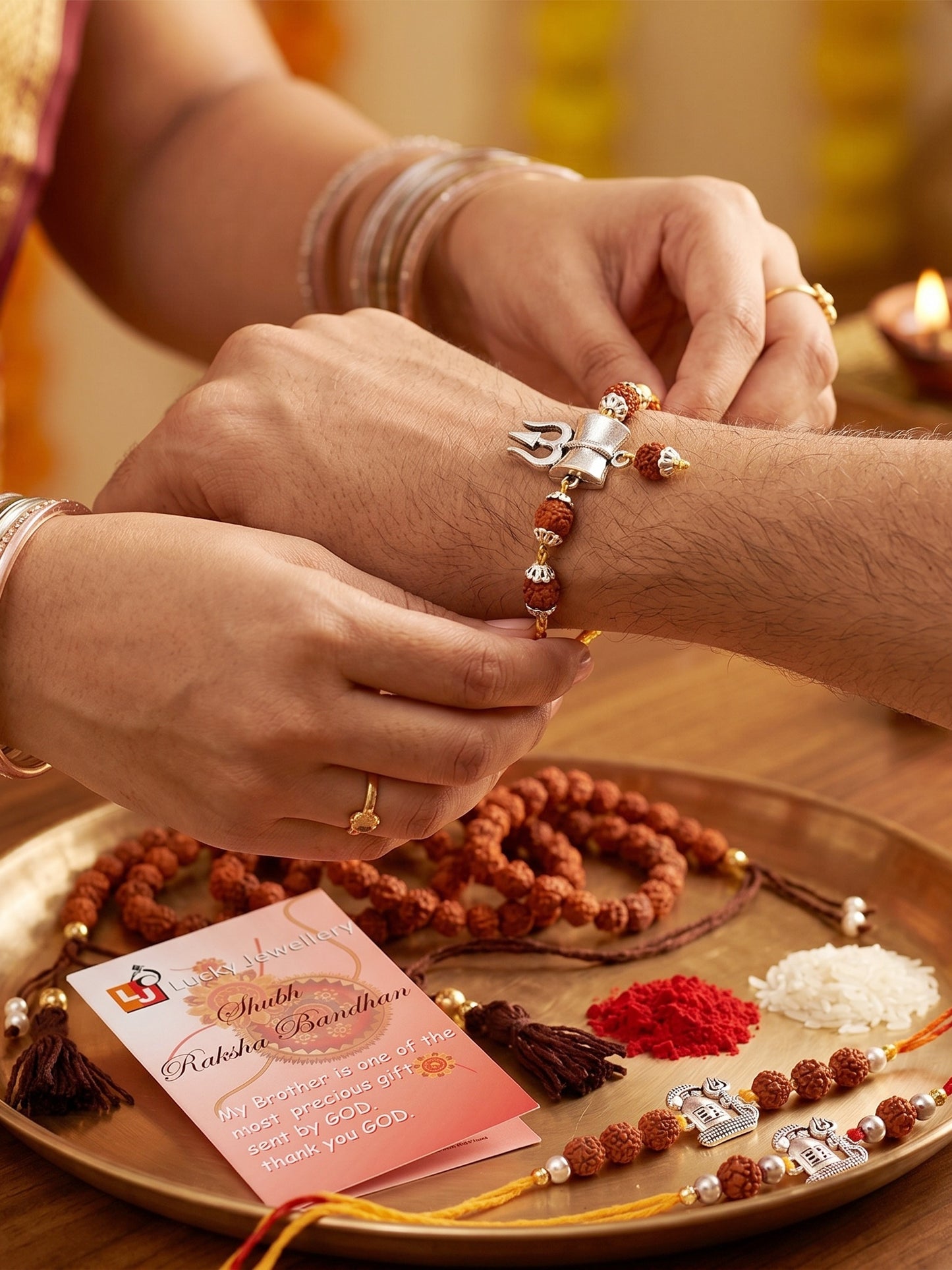 Set of 5 Rudraksha & Silver Trishul Rakhi Set: Shiva-Themed, Metallic Accents, Roli, Chawal & Card (718-JPR1-1994-5-2026)