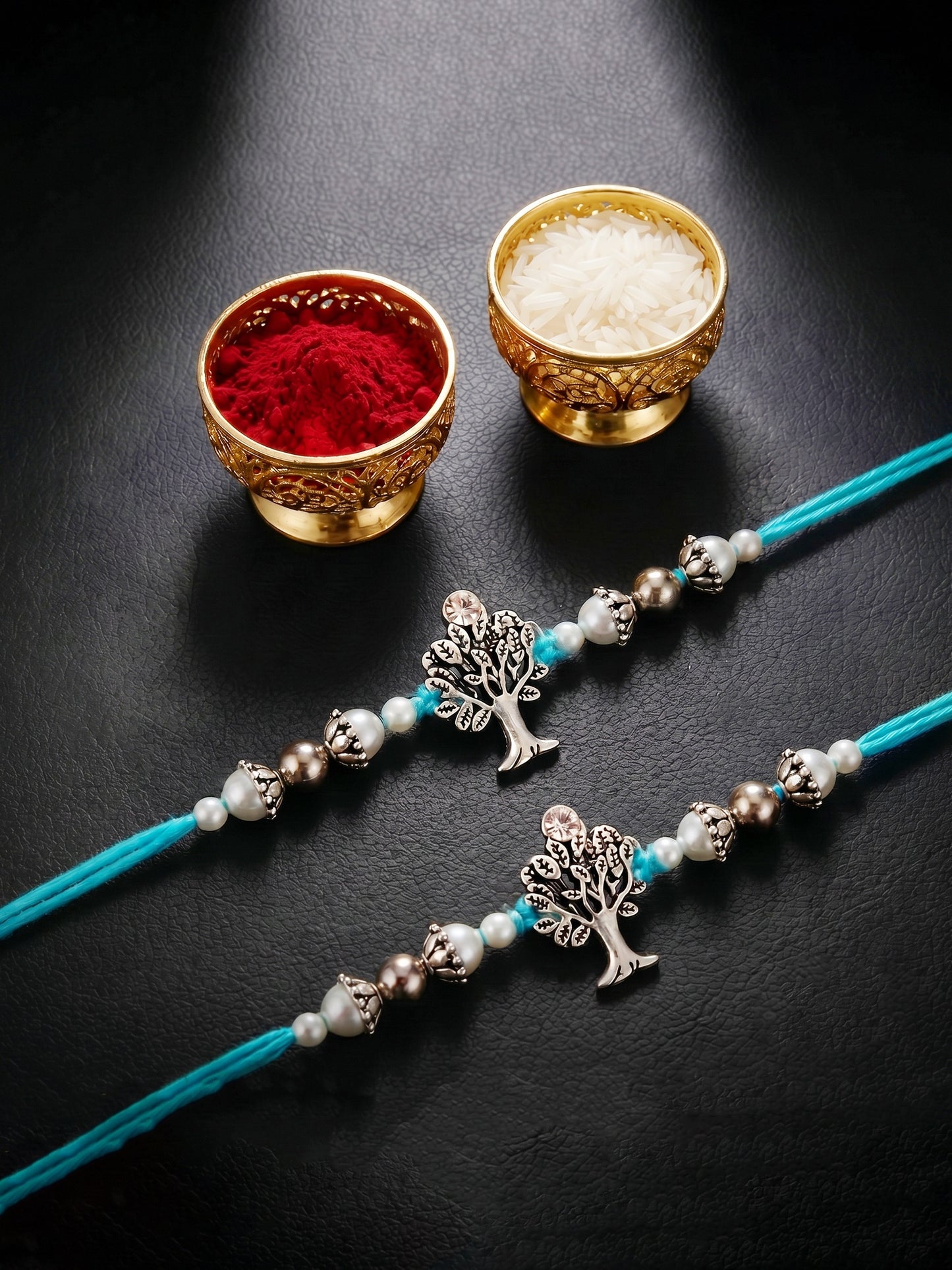 Set of 2 Silver Tree of Life Rakhi for Brother with White Beads, Roli Chawal & Card (72-JPR1-1958-S-2-2026)