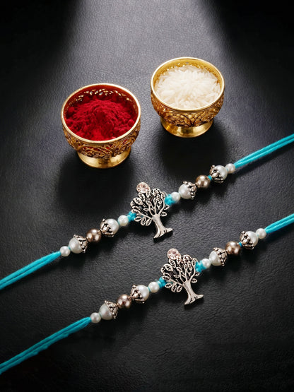 Set of 2 Silver Tree of Life Rakhi for Brother with White Beads, Roli Chawal & Card (72-JPR1-1958-S-2-2026)