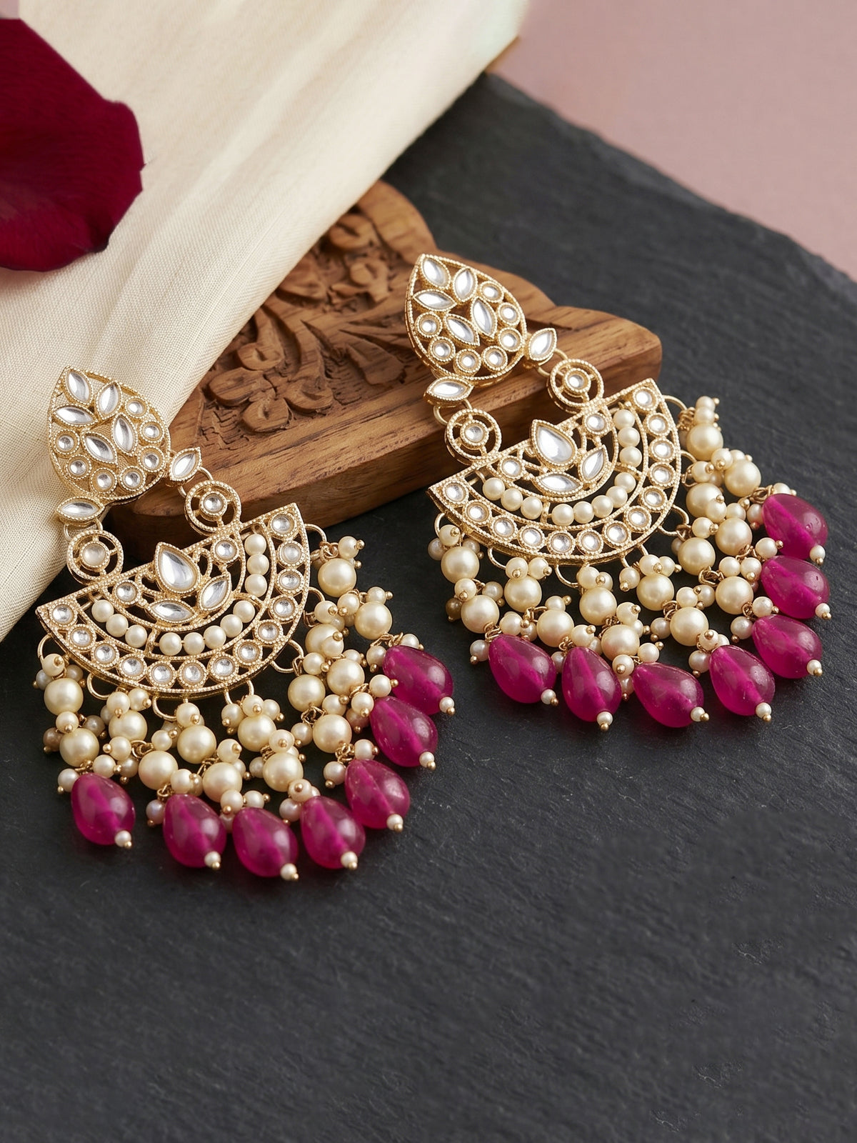 Gold Plated Kundan & Pearl Rani Pink Stone Bridal Choker Jewellery Set with Maang Tikka (1683-ISK-855-R)