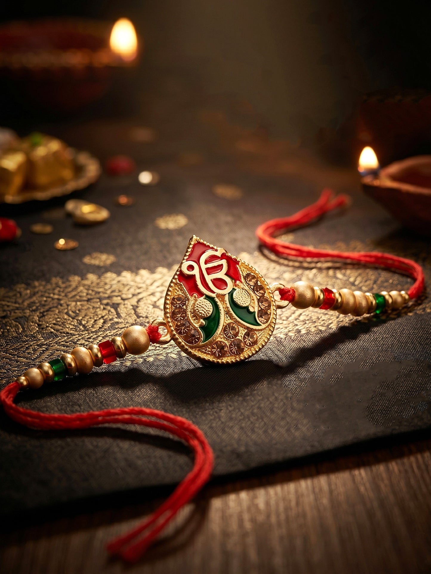Ek Onkar Matte Gold Beaded Rakhi Set For Brother | Punjabi Sikh Rakhi With Roli Chawal, Card (102-S5R1-SA0177)