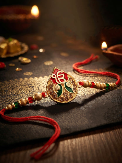 Ek Onkar Matte Gold Beaded Rakhi Set For Brother | Punjabi Sikh Rakhi With Roli Chawal, Card (102-S5R1-SA0177)