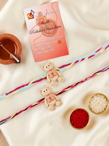 Set of 2 Cute Teddy Bear Kids Rakhi with Colorful Thread, Roli Chawal & Card (80-CHR1-1948-2-2026)