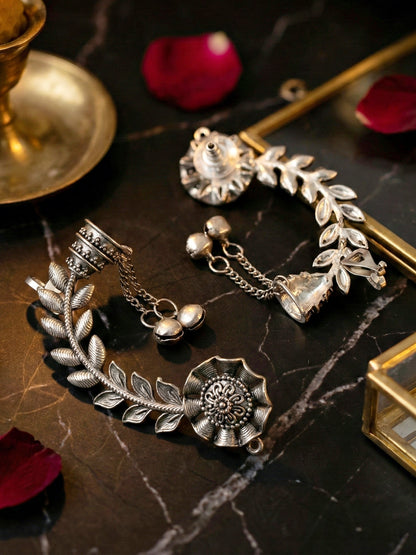 Oxidised Silver Leaf Floral Ear Cuff with Ghungroo Chain Drop Earrings For Girls & Women (258-KK2O-10668)