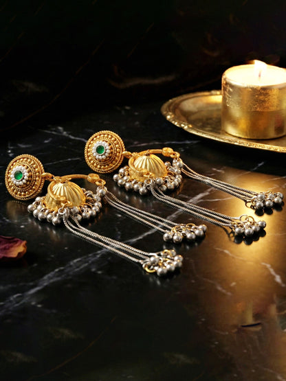 LUCKY JEWELLERY Trendy Celebrity Inspired Oxidised Silver Pink Stone Long Dangler Earrings For Girls & Women | Antique Silver Jhumkee Earing Set | Birthday Gift Earrings Valentine Anniversary Gift