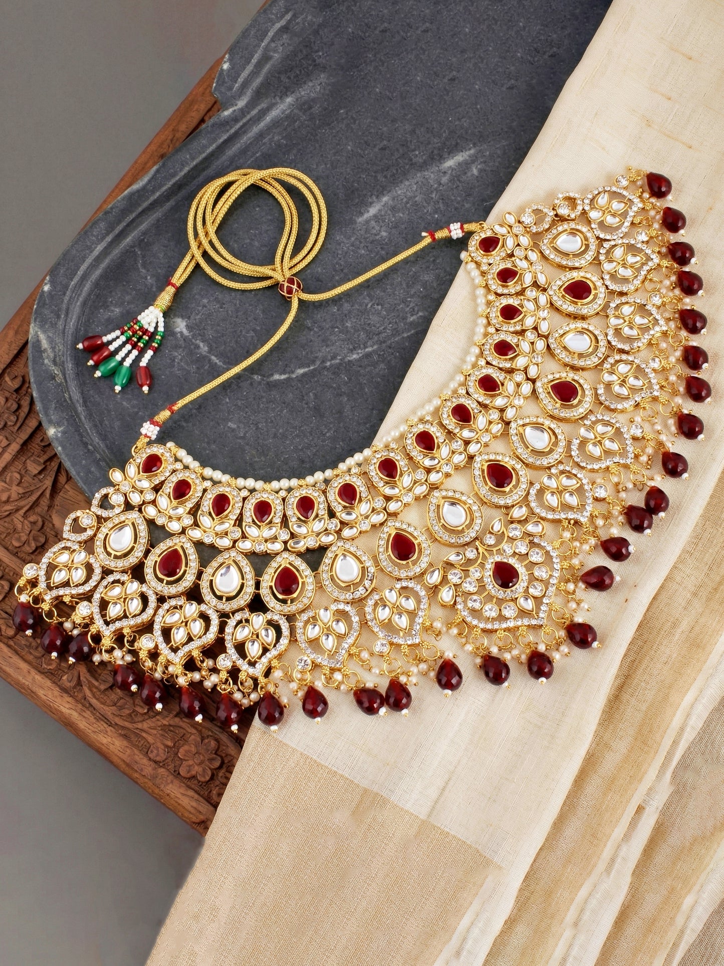 Bridal AD Maroon Stone Heavy Choker Jewellery Set with Sheesh Patti, Nath & Jhumka (3300-M8ZK-1102-M)