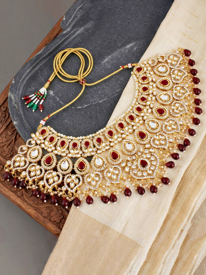 Bridal AD Maroon Stone Heavy Choker Jewellery Set with Sheesh Patti, Nath & Jhumka (3300-M8ZK-1102-M)