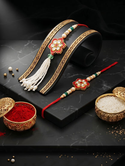 Set of 2 Bhaiya Bhabhi Rakhi Set with Red Floral, Green & White Beads, Tassel Lumba, Roli Chawal (118-JPCR1-1847-M-2-2026)