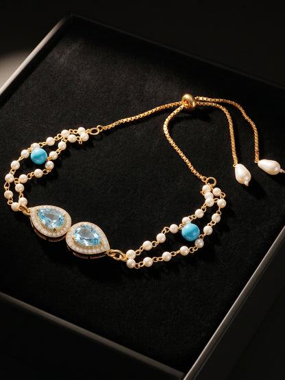 Adjustable Rakhi Bracelet with Blue drop AD Pendant, Turquoise & Beads,Roli Chawal & Card (233-CHB2-1279-F-2026)