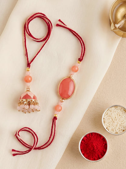 Set of 2 Pink Faux Stone Bhaiya Bhabhi Rakhi Set with Jhumki Lumba. Pink Beads, Roli, Chawal & Card (265-CHCR1-1151-PK-2-2026)