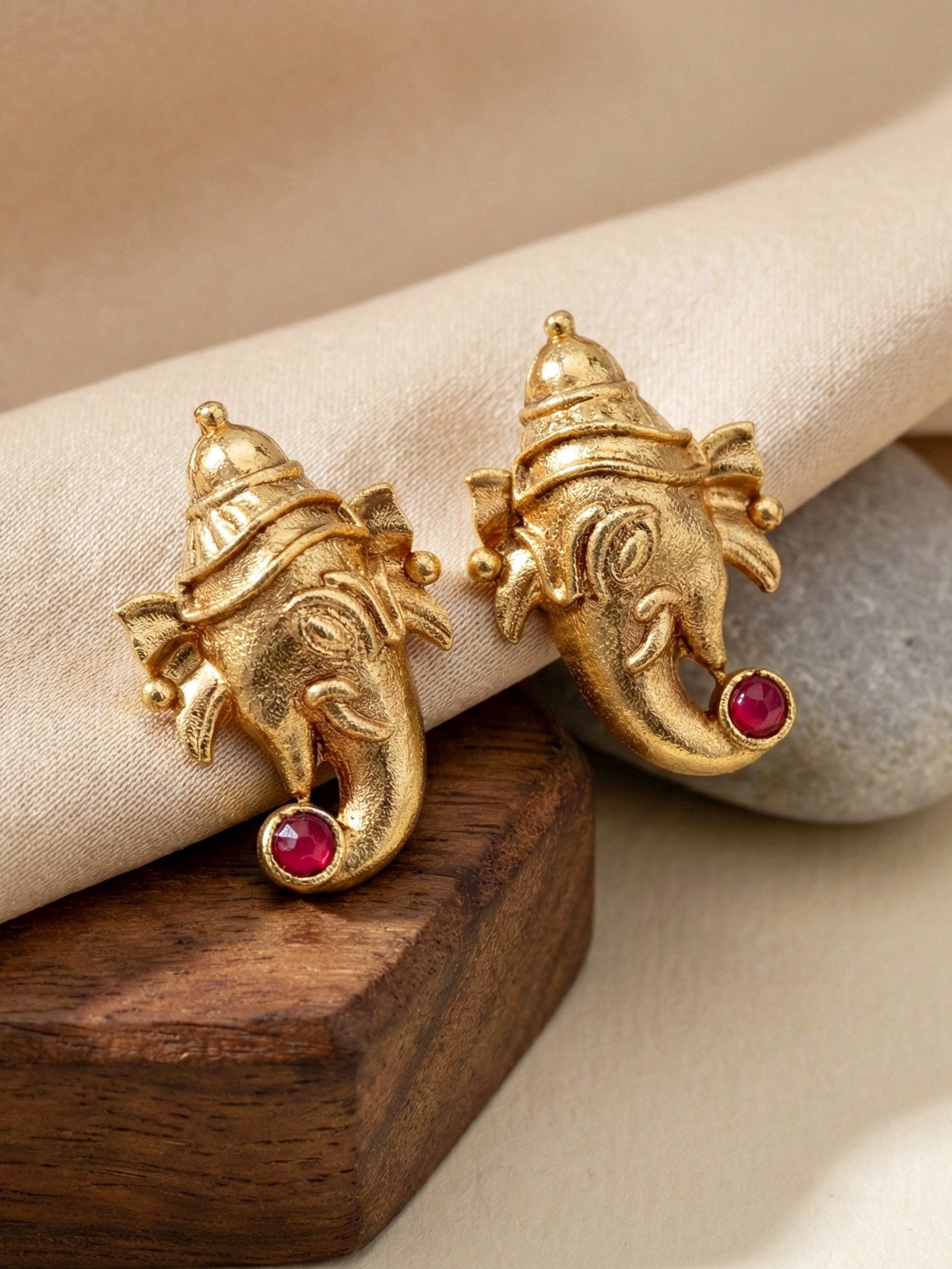 Traditional Gold-Tone Lord Ganesha Necklace Set with Pink & Green Stone Detailing | Temple Style Ethnic Jewellery with Stud Earrings for Festive & Wedding Wear (590-ISR-2181-RG)