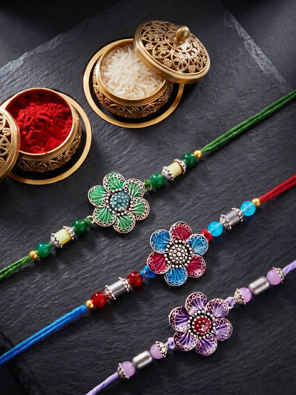 Set of 3 Floral Enamel Rakhi for Brother with Multi & Beads, Roli Chawal & Card (144-CHR1-1967-3-2026)