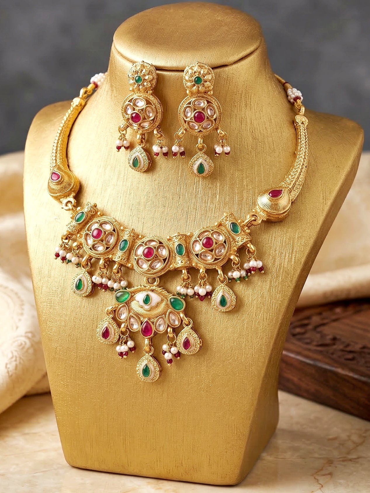 Lucky Jewellery Gold-Plated Ruby & Green Color Necklace Set (750-G2SR-268-RG)