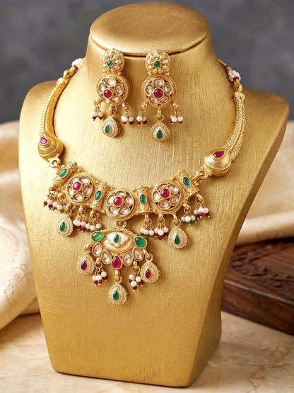 Lucky Jewellery Gold-Plated Ruby & Green Color Necklace Set (750-G2SR-268-RG)