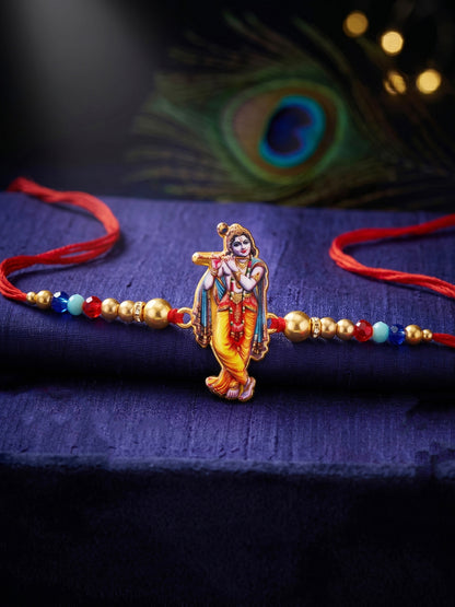 Spiritual Flute-Playing Krishna Beaded Rakhi Set For Brother With Roli Chawal & Card (84-S5R1-JCP328)