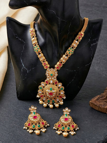 Lucky Jewellery Gold-Plated Ruby & Green Color Long Necklace Set (732-G2SR-194-RG)