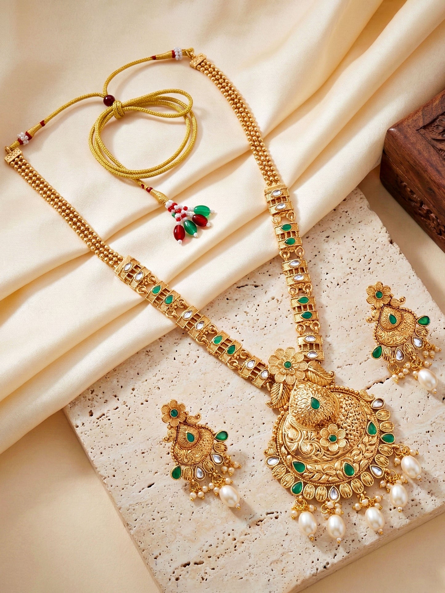 Lucky Jewellery Gold-Plated Green Color Long Necklace Set (660-G2SR-203-G)