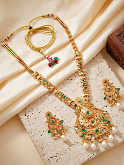 Lucky Jewellery Gold-Plated Green Color Long Necklace Set (660-G2SR-203-G)