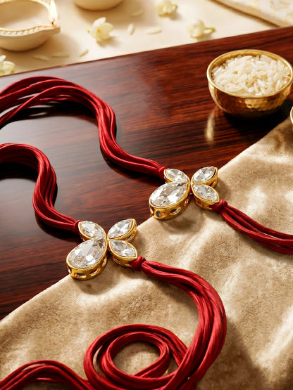 LUCKY JEWELLERY Traditional Rakhi for Brother/Bhaiya – Gold Plated Red Thread Rakshabandhan Rakhie White Stones for Bhai/Bhabhi (Pack of 2) – Fancy Rakhee Bracelet Rakshasutra (152-L1R1-06-W-2-2026)