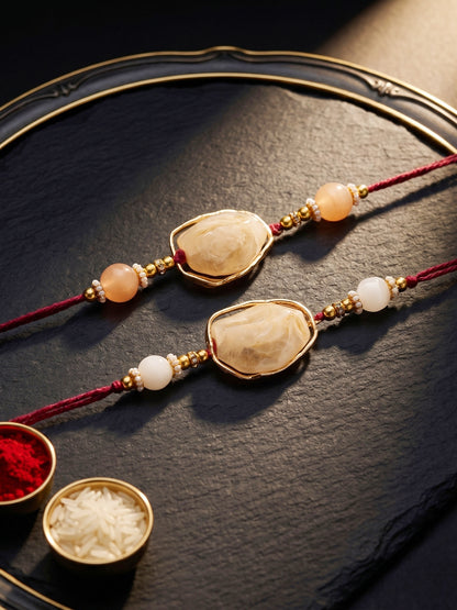 Designer Rakhi Set of 2 for Brothers. Elegant Faux Stone Centerpiece with Beads, Roli, Chawal (240-CHR1-1244-2-2026)