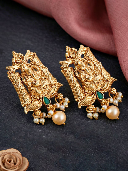 Lucky Jewellery Gold-Plated Ganesh Idol Temple Ruby & Green Color Necklace Set (660-G2SR-201-RG)