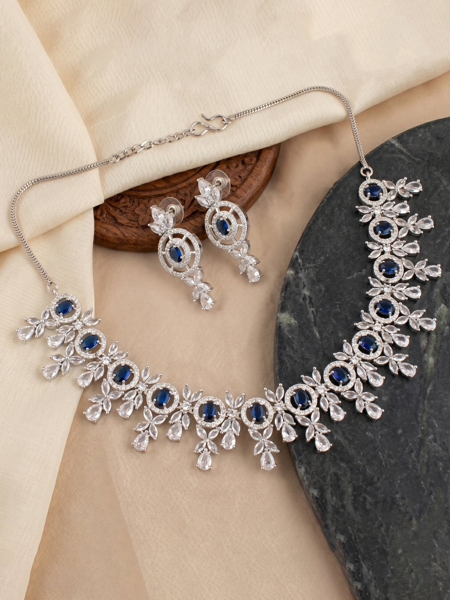 Silver-Tone Blue Stone & American Diamond Necklace Set with Earrings for Women – Office, Party & Function Wear (1717-K4SA-2242-B-S)