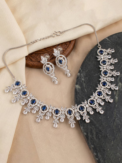 Silver-Tone Blue Stone & American Diamond Necklace Set with Earrings for Women – Office, Party & Function Wear (1717-K4SA-2242-B-S)