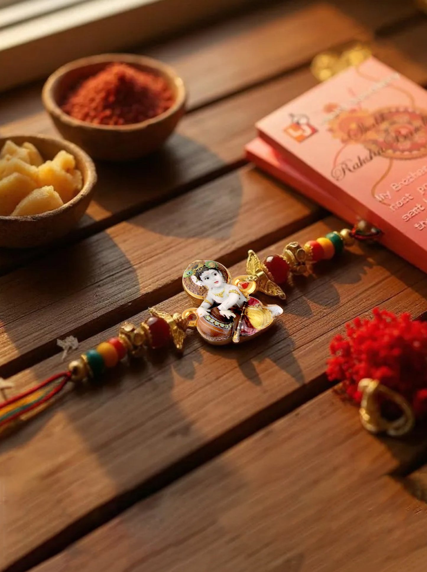 Gold Plated Little Krishna Kids Rakhi - Rakshabandhan Religious Rakhee for Bhaiya/Bhabhi - Pack of 1