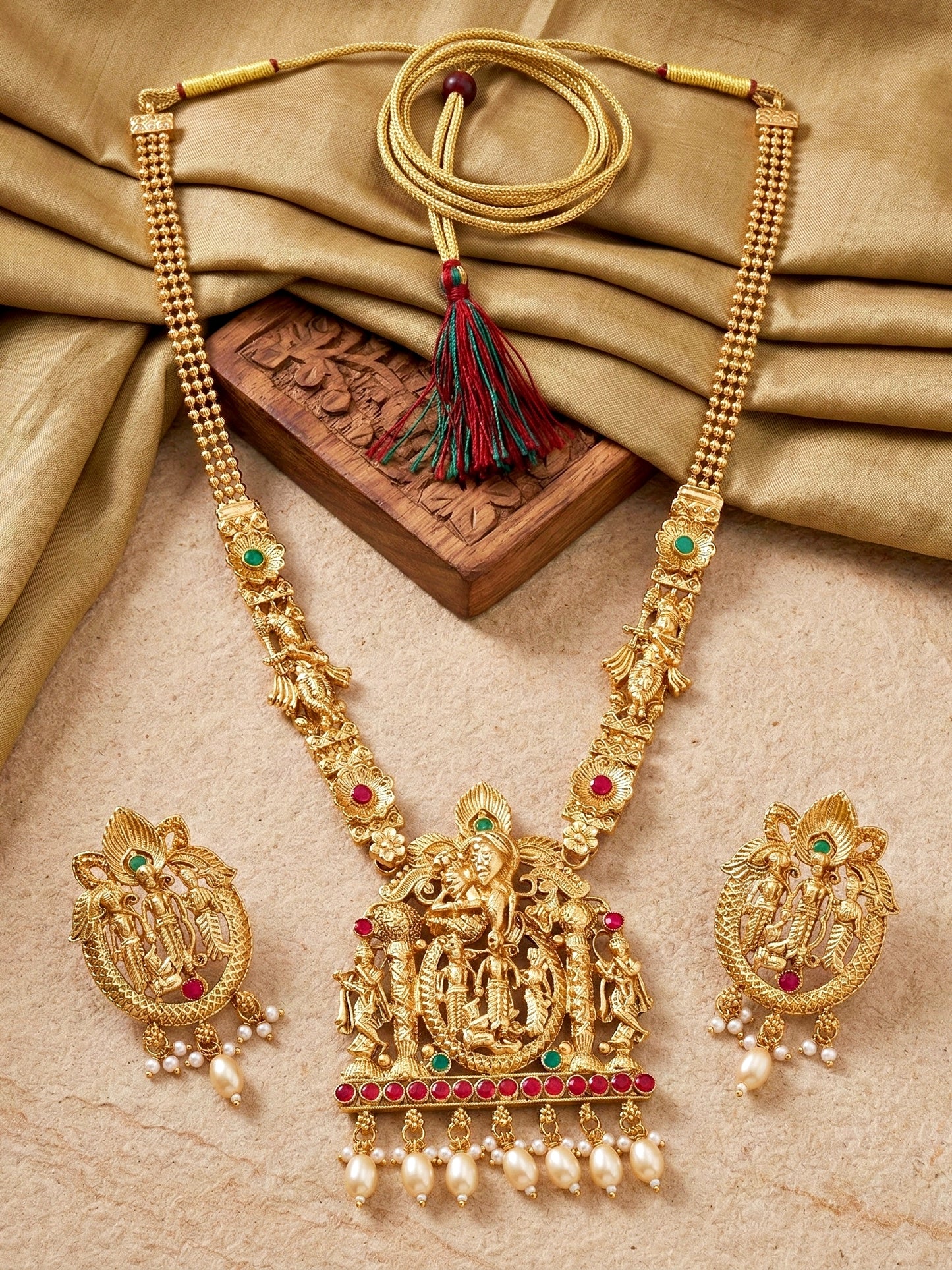 Lucky Jewellery 18K Gold-Plated Ram Parivar Ruby & Green Color Necklace Set (660-G2SR-195-RG)