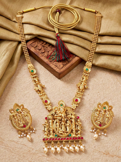 Lucky Jewellery 18K Gold-Plated Ram Parivar Ruby & Green Color Necklace Set (660-G2SR-195-RG)