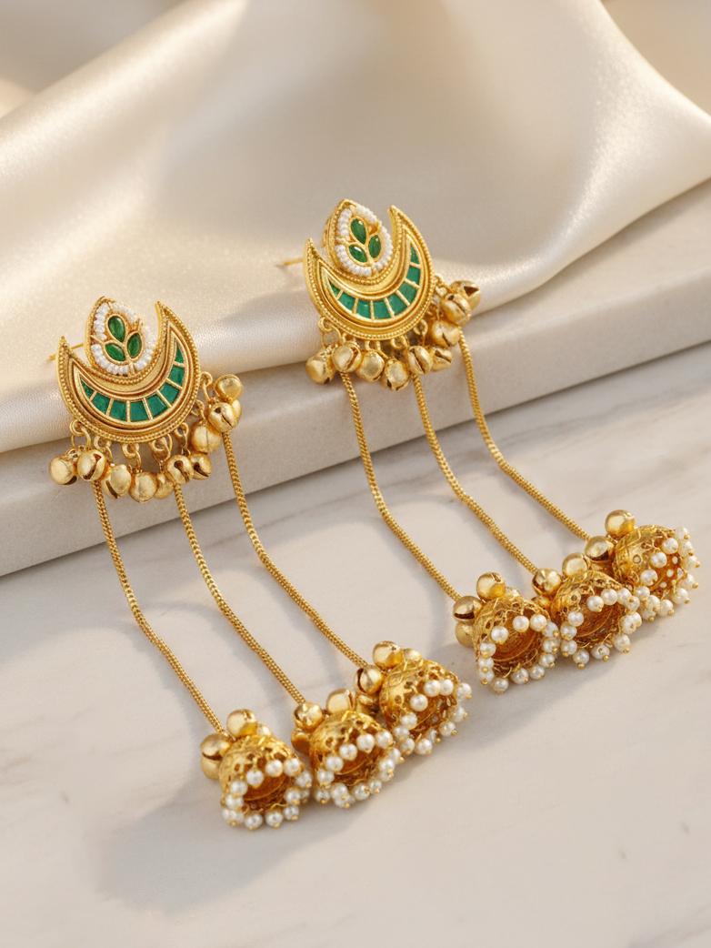 LUCKY JEWELLERY Gold-Plated Kashmiri Earrings with Green Stone, Triple Chain Layer & Triple Jhumka Drops | Chandbali Style Earring Set for Girls & Women | Wedding, Festival & Gift Wear