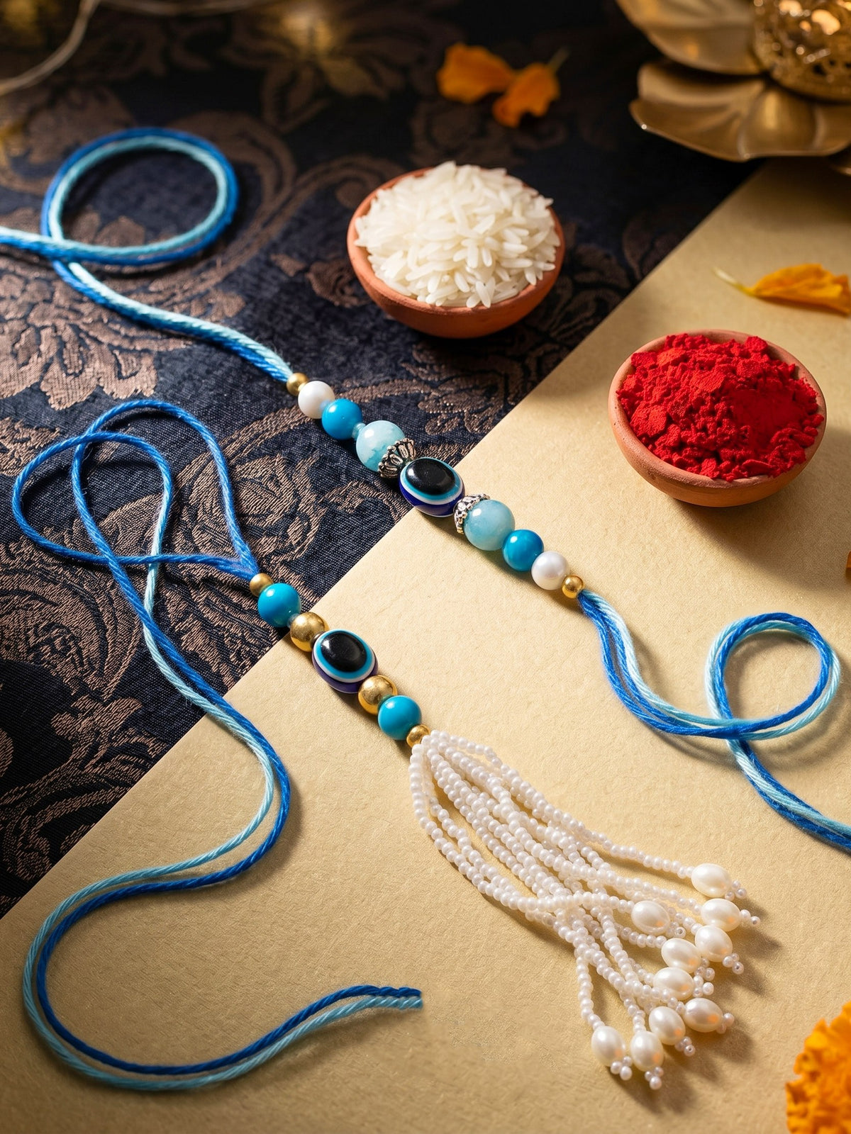 Rakhi Set of 4 with Small Evil Eye Lumba, Blue & Gold Beads, Roli Chawal & Card (116-J5R1-1991-EE-4-2026)