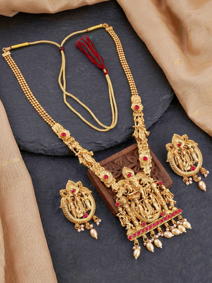Lucky Jewellery 18K Gold-Plated Ram Parivar Temple Necklace Set (660-G2SR-195-R)