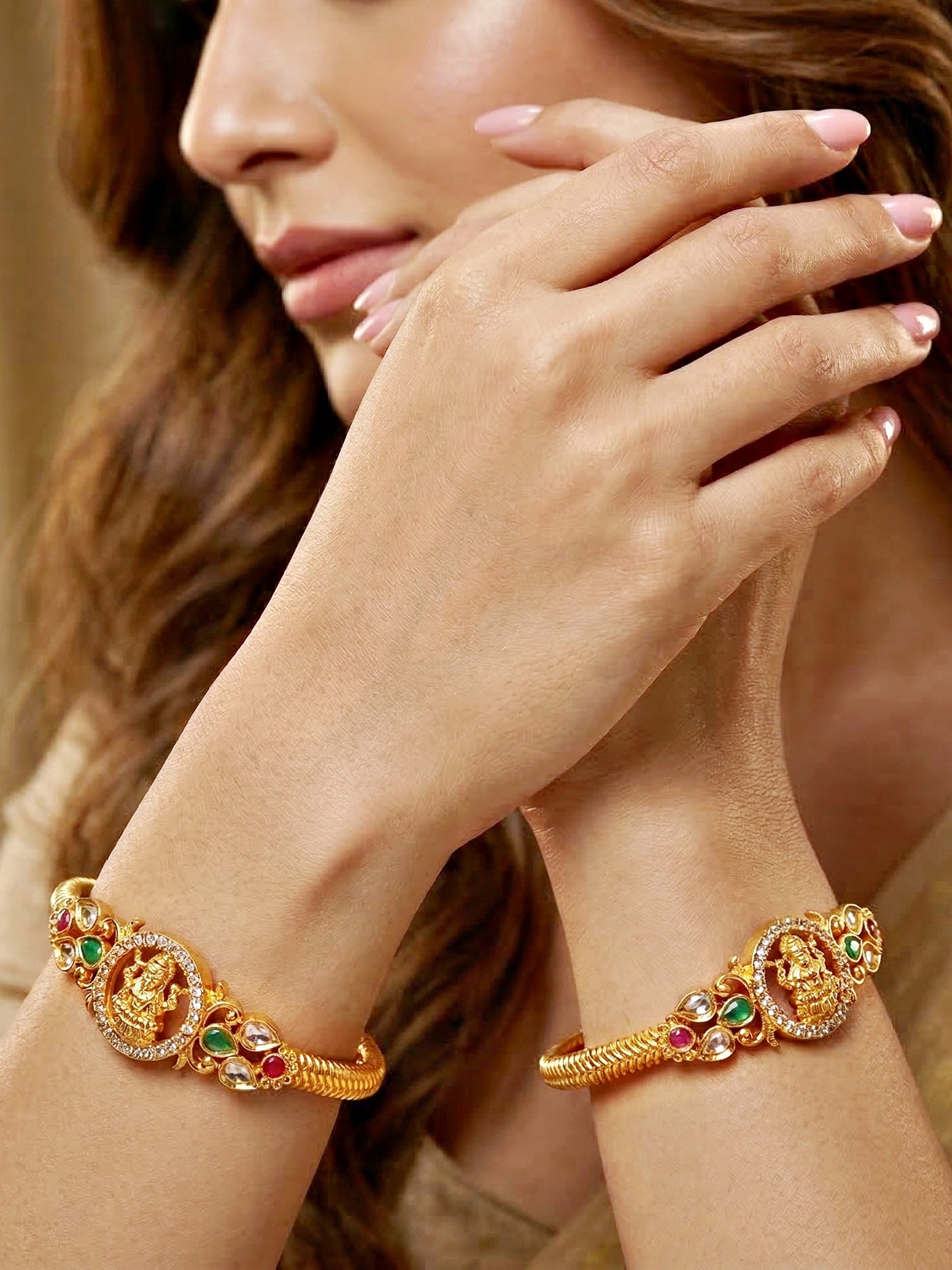 Gold-Plated Laxmi Ji AD Temple Bangle Pink Green (655-C1BG-2197-2)