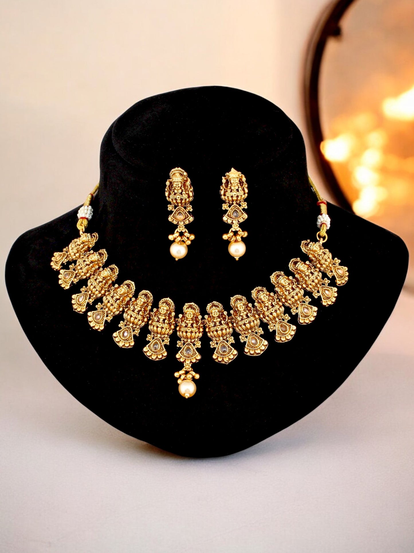 Gold Plated Temple Jewellery Goddess Lakshmi Design Necklace with Earrings